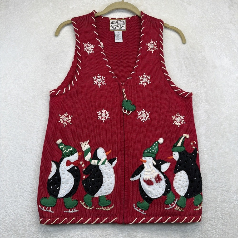 Vintage Christmas Sweater Vest Penguin Red Zip Ugly Holiday Y2K Womens Small